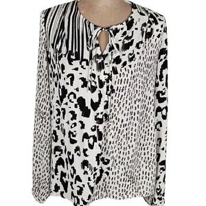 Cabi Faux Wrap Top Womens Medium Black White Animal Print Semi Sheer Office